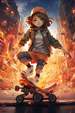 AI数字艺术漫画风潮流人物滑板女孩插画