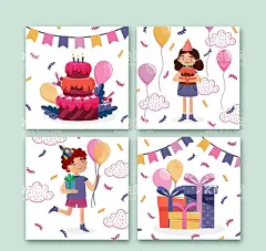 人物礼物生日卡片  - 源文件下载【酷图网】拉旗,彩色纸屑,生日蛋糕,女孩,气球,eps,ai,矢量,高清图片,素材,