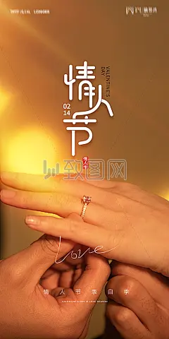情侣带戒指钻戒爱情求婚214情人节简约大气海报
