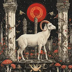 a painting of a ram standing in the middle of a garden with mushrooms and birds