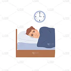 人与失眠平孤立图标。失眠者卡通人物受苦。在黑暗的夜晚睁开眼睛躺在床上概念伤心男醒来累了不能做梦的问题