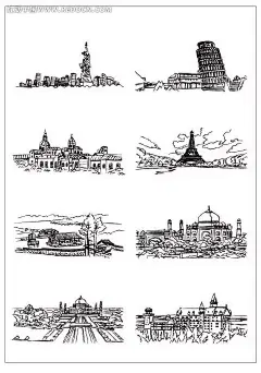 国内外建筑矢量线稿AI|黑白风景插画|黑白建筑插画|建筑写生|矢量素材|矢量源文件|书画|宏村徽派建筑写生|建筑写生下载|国外建筑写生|中国建筑写生