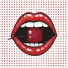 年轻漂亮的女人嘴唇肖像咬樱桃。波普艺术
