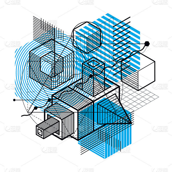 抽象三维图形组成，矢量等距背景。由立方体、六边形、正方形、长方形和不同的抽象元素组成。