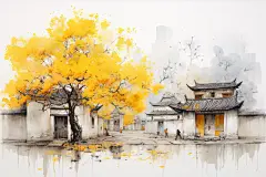 水墨徽派建筑江南水乡插画