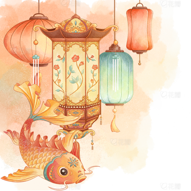 元宵节国风手绘锦鲤灯笼组合元素