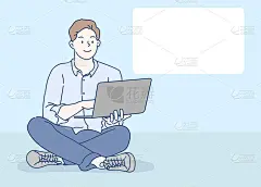 一个愉快的人坐在地板上用笔记本电脑工作。在家工作的自由职业者。手绘细线风格，矢量插图。