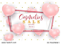 Cosmetics sale web banner, flyer concept. Pink cute balloons in shape of heart randomly flying over white background, gold dots pattern, realistic vector illustration.