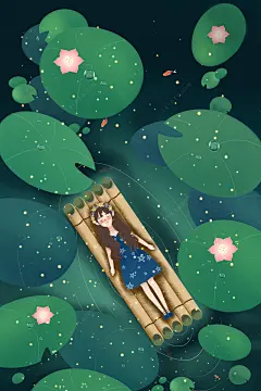 插画风格大暑节气海报psd背景图_新图网 https://ixintu.com 夏季 女孩 竹筏 荷叶 荷花 二十四节气 大暑 暑假 手绘