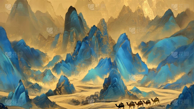 中国风通用鎏金千里江山图山水背景图片素材素材-花瓣网