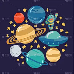 太空儿童海报，行星，ufo，外星人卡通风格。儿童印花的可爱概念。插图设计儿童房间明信片，纺织品。向量