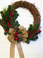Christmas Wreath, Burlap Bow on Christmas Wreath, Rustic Christmas Wreath, Christmas Wreath For Door, Holiday Decor: 