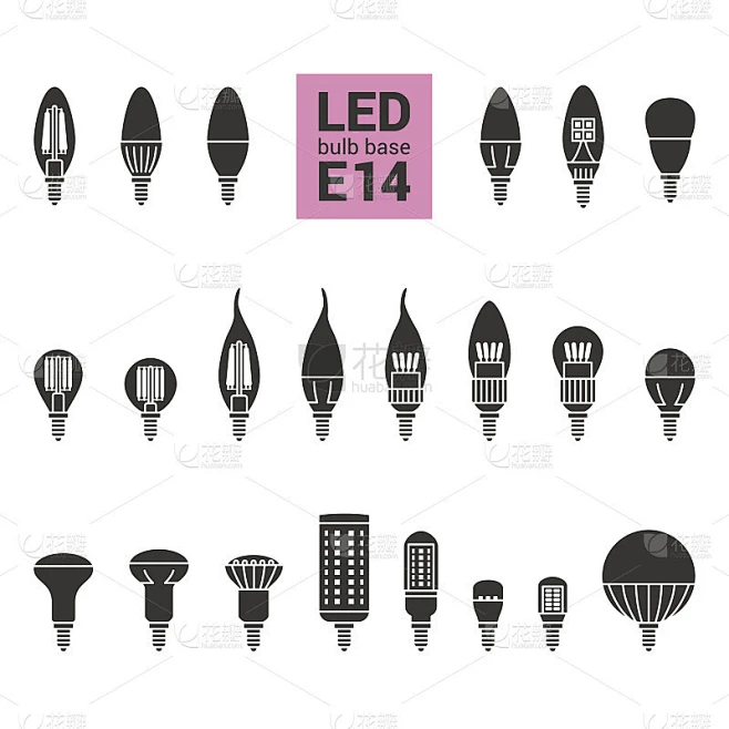 LED灯E14灯泡矢量剪影图标设置素材-花瓣网