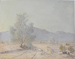 Desert scene with mountains in background, oil on board
约翰·希尔顿(John William Hilton)1904-1983
出生于中国，是传教士的儿子，在美国腹地作为牧师的孩子抚养长大，然后按照自己的方式发展自己的人生道路，不受正规教育的阻碍。
在深深的好奇心驱使下，他成为了一名专业的宝石学家、植物学家、地质学家和矿工、动物学家、乔治·巴顿将军的顾问、艾森豪威尔将军的朋友和画家，喜欢弹吉他和唱歌，是一位非常好的作家，当然，他的调色刀或画笔也不差