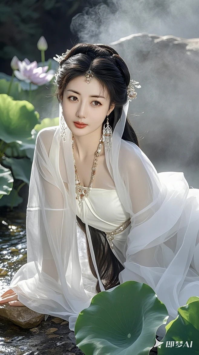 古风绝色美女，白色纱衣，头戴首饰，世外桃源，依靠在小溪旁，小溪边荷花，烟雾缭绕，慵懒，邪魅，媚眼如丝，高质量，高细节，绝色。(23)-花瓣网