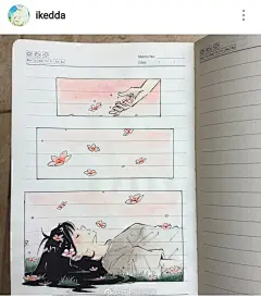 【插画欣赏】插画师ikedda，在普通的横线本上画出的清新插画。画中，充满活力的少女、飞向蓝天的白鸽、夏天的绿树，一切是那么美好治愈。
#艺界V动态##手帐素材插画手绘##艺术范# ​​​​