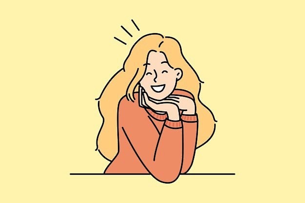微笑的女孩描边插画矢量图设计素材