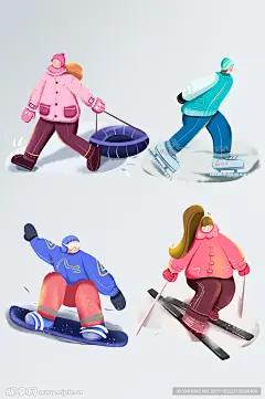 滑雪冬季运动溜冰扁平风滑板雪地