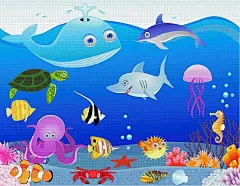 手绘海底世界风景矢量素材动物|动物图片|多姿多彩|多姿多彩海底|海底世界|海龟|海马|海豚|鲸鱼|卡通海洋生物图片|热带鱼|鲨鱼|珊瑚|矢量素材|世界风景|水母|章鱼