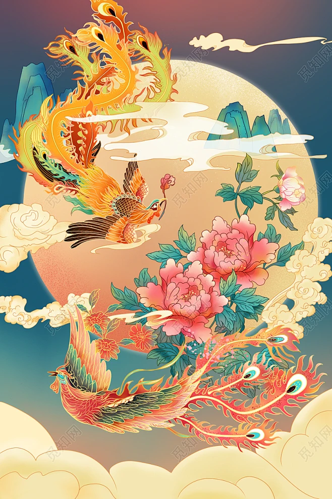 手绘国潮凤求凰凤凰牡丹插画国潮国潮凤凰国潮风-花瓣网