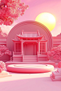 A cute 3D cartoon illustration, a circular square in the front, the background is fashion chinese building, 3D Pixar style, bright light, minimalist, low-angle, grand Spring Festival celebration,vibrant stage backdrop