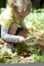 人,休闲装,教育,生活方式,四分之三身长_562481745_Kindergarten child looking through magnifying glass in a wood kindergarten_创意图片_Getty Images China