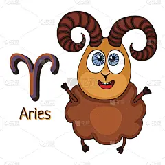 黄道星座卡通白羊座，占星人物，手绘。在画框中以抽象的紫色墨点和星星为背景画出有趣的白羊座。向量