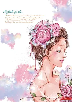 手绘头上戴花美女插画|动漫插画 人物插画