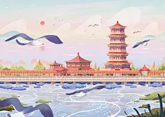 山东烟台八仙过海景区会仙阁场景插画 - Inursun - 原创作品 - 视觉中国(爱视觉)