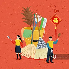 年俗扁平风红色背景方形情侣腊月二十四-扫房日图片素材_ID:VCG211263619331-VCG.COM