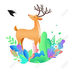 春天元素麋鹿小燕子矢量画长植物PNG素材