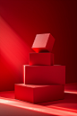 three red boxes on a red background with white light shining through them, in the style of conceptual minimalist sculpture, multi-layered compositions, carl kleiner, photorealistic still life, sculpted, selective focus