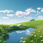 a field full of green grass and flowers and water, in the style of digital illustration, realistic blue skies, cartoonish elements, photorealistic renderings, minimalistic serenity, illustration, 8k resolution
