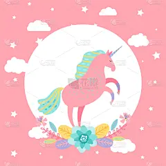 独角兽,贺卡,卡通,星星,可爱的,肖像,云,小马,模板,花