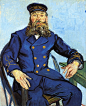 邮差约瑟夫·鲁林 荷兰 梵高 油画 在法国阿尔时期，约瑟夫·鲁林是梵高的莫逆之交。在梵高割伤自己的耳朵后不久的1889年鲁林接受了在马塞邮局的一个更好的职位并和他的家人搬到那里。直到约瑟夫去世的1903年，他才听到梵高成功的消息。与农民佩兴斯·埃斯卡利耶对比之下，邮差约瑟夫·鲁林则是官僚权威的代表。梵高曾描述过鲁林的习惯和性格——他好喝酒，喜欢摆父亲的架子，有苏格拉底式的小聪明，爱慷慨激昂地发表政治见解，所有这些都暗示他是个精力充沛、性欲旺盛的男性。在铁路邮局和梵高的"黄房子"附近有一