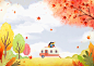 多彩的树木 飘落的红叶 坐在汽车上的一家人 秋季插图插画设计PSD ti237a13106