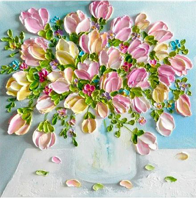 各色花卉油画作品欣赏，鲜艳美丽的花朵油画...