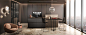 Ambiance Esthète : Façades Luxe line Fénix® Cacao Orinoco et Alya métallisé bronze thermostructuré. Profils sans poignée finition canon de fusil. Plan de travail stratifié luxe Fénix® Cacao Orinoco. Vitrines Lago et piétement de la ligne Steeltrend.