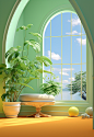 green room with white lamp, window and plant, in the style of rococo pastel colors, realistic blue skies, curved mirrors, bright primary colors, bright, bold colors, light green and light amber, architectural vignettes