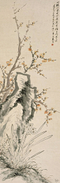 朱熊——《三清图（梅花水仙）》【一样冰姿甘冷淡，岁寒偏自斗芬菲。道光丁未七月上浣】梅石水仙 花卉立轴欣赏   |   
清|朱熊(1801-1864)字吉甫，号梦泉，又号蝶生，秀水(今浙江嘉兴)人。与张廷济、文后山诸人游。又与张熊、任熊称沪上三熊。画花木竹石，脱尽前人窠臼，自出机杼，别开生面。晚清海派六十家之一。朱熊兼能篆刻，追摹秦汉,又能在竹石瓷铜上奏刀,苍秀得古法。喜爱陶瓷器物,曾游历南昌至景德镇,设计烧造瓷器画具;至宜兴自制茗壶杂玩,绘刻字画,定烧紫砂器。