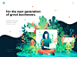 Hero image illustration for business page. illustrator vibrant color illustration hero image landing page illustration gradient leaf ui illustration girl with laptop header illustration illustration