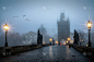 捷克共和国布拉格的哥特式天际线，在一个寒冷的有雾的冬天早晨