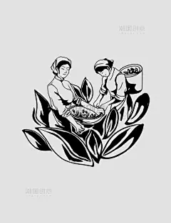 采茶采摘茶叶春茶线描人物