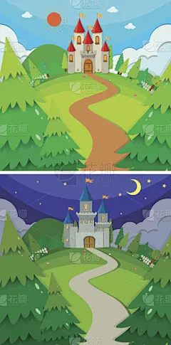 森林中的城堡白天黑夜的场景