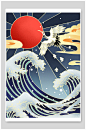 波浪仙鹤主题浮世绘插画-众图网