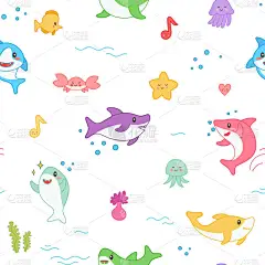 川井鲨鱼无缝图案。可爱有趣的鱼航海背景与海洋生物和海洋生物的壁纸, 装饰。向量例证