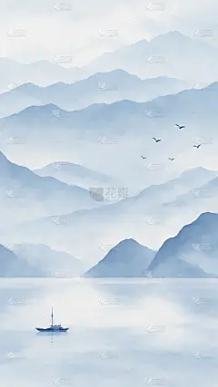 中国风蓝色水墨山水画（td）