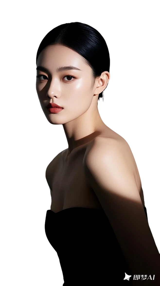 东方女性，医美模特，侧身，五官精致，高级，大牌构图，模特身材，高定礼服，无首饰，简约背景，现代美学，高级感，头部完整，上半身全，无裁切，摄影棚 ...