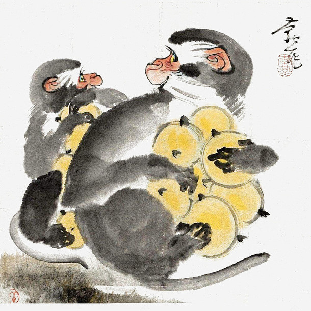 中国风水墨画两只抱枇杷的猴子免高清素材 ...