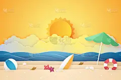 夏季时间， 海和海滩的东西， 纸艺术风格